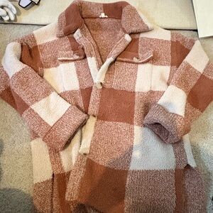 Cozy Plaid Cardigan - orange and Cream